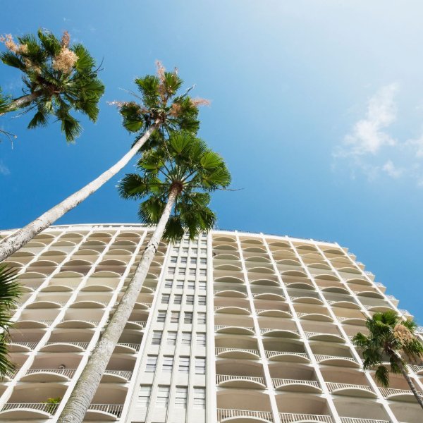 Florida condo exterior with palm trees