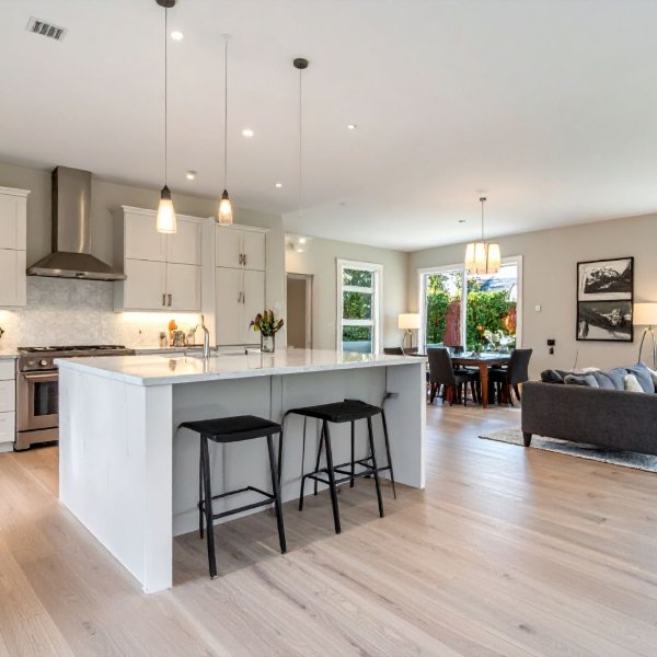 Kitchen with an open concept floor plan and light wood flooring