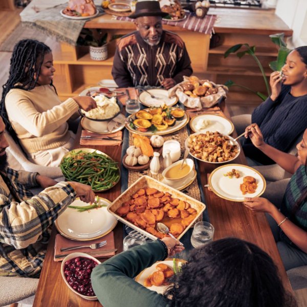 Family having Thanksgiving dinner together